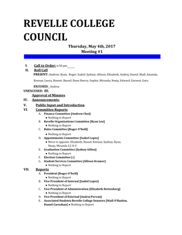 REVELLE COLLEGE COUNCIL Thursday, May 25Th, 2017 Meeting #4