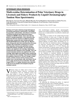 Multi-Residue Determination of Polar Veterinary Drugs in Livestock and Fishery Products by Liquid Chromatography/ Tandem Mass Spectrometry