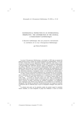 Mathematical Instruction in an International Perspective : the Contribution of the Journal L'enseignement Mathemaâ Tique