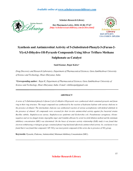 (Substituted-Phenyl)-3-(Furan-2- Yl)-4,5-Dihydro-1H-Pyrazole Compounds Using Silver Trifluro Methane Sulphonate As Catalyst