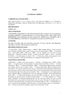 FICHE VALLÉES De L'ariège VARIÉTÉS De La COLLECTION Aleu, Argein, Ariège 1, 2 Et 3, Aston A, B, C Et D, Cazavet, Couflens