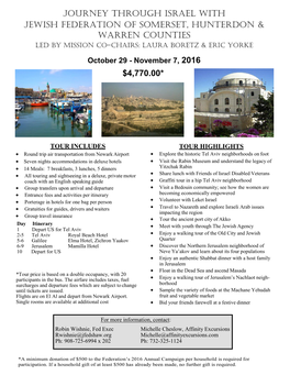 Journey Through Israel with Jewish Federation of Somerset, Hunterdon & Warren Counties $4,770.00*