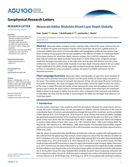 Mesoscale Eddies Modulate Mixed Layer Depth Globally 10.1029/2018GL080006 Peter Gaube1 , Dennis J