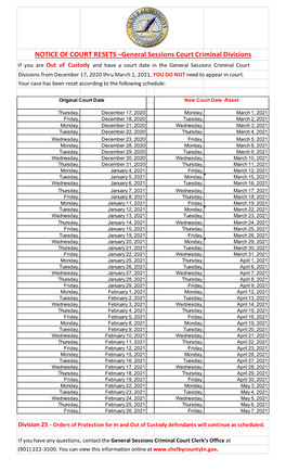 NOTICE of COURT RESETS –General Sessions Court Criminal