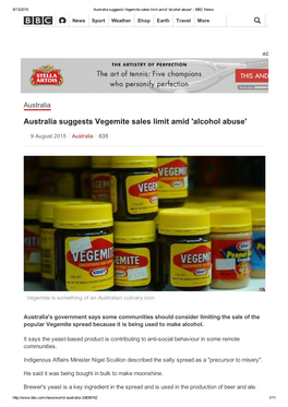 Australia Suggests Vegemite Sales Limit Amid 'Alcohol Abuse' ­ BBC News