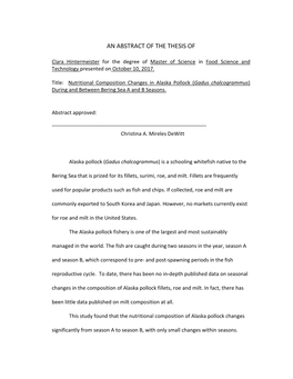 Nutritional Composition Changes in Alaska Pollock (Gadus Chalcogrammus) During and Between Bering Sea a and B Seasons