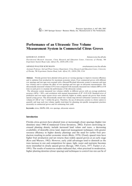 Performance of an Ultrasonic Tree Volume Measurement System in Commercial Citrus Groves