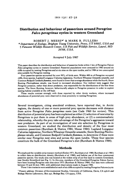 Distribution and Behaviour of Passerines Around Peregrine Falco Peregrinus Eyries in Western Greenland