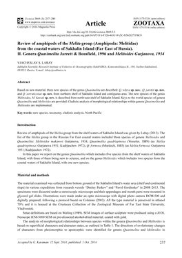 Amphipoda: Melitidae) from the Coastal Waters of Sakhalin Island (Far East of Russia