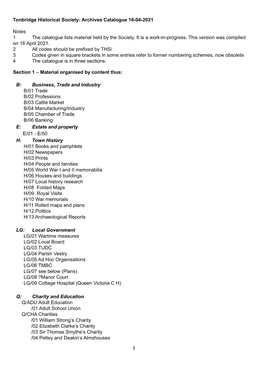 Archives Catalogue 16-04-2021 Notes 1 the Catalogue Lists Material Held