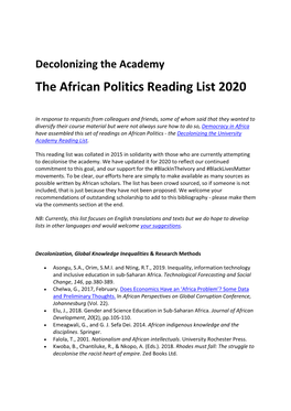 The African Politics Reading List 2020