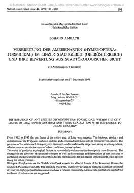 Verbreitung Der Ameisenarten (Hymenoptera: Formicidae) Im Linzer Stadtgebiet (Oberösterreich) Und Ihre Bewertung Aus Stadtökologischer Sicht