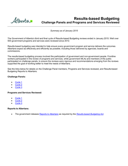 Results-Based Budgeting Challenge Panels and Programs and Services Reviewed