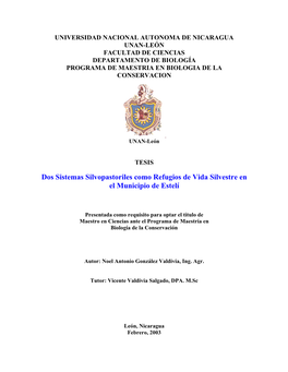 Universidad Nacional Autonoma De Nicaragua Unan-León Facultad De Ciencias Departamento De Biología Programa De Maestria En Biologia De La Conservacion