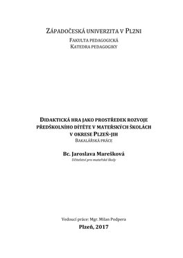 Didaktická Hra Jako Prostředek Rozvoje Předškolního Dítěte V Mateřských Školách V Okrese Plzeň-Jih Bakalářská Práce