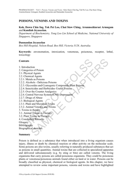 Poisons, Venoms and Toxins - Koh, Dawn Chin Ing, Tok Pei Loo, Chai Siaw Ching, Arunmozhiarasi Armugam, Kandiah Jeyaseelan and Dannandan Jeyaseelan