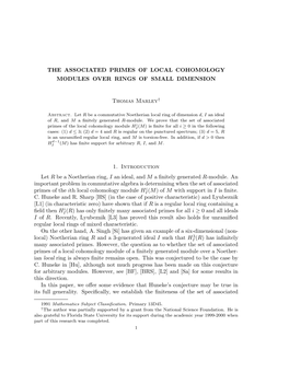 THE ASSOCIATED PRIMES of LOCAL COHOMOLOGY MODULES OVER RINGS of SMALL DIMENSION Thomas Marley† 1. Introduction Let R Be a Noet