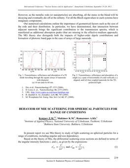 Behavior of Mie Scattering for Spherical Particles for Range of Conditions