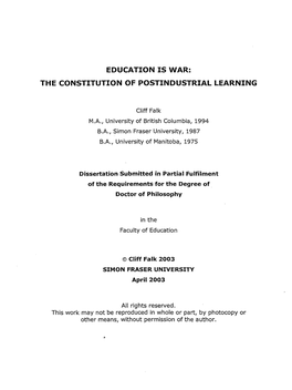 Education Is War: the Constitution of Postindustrial Learning