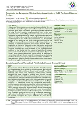 Determining the Factors That Affecting Confectionery Sunflower Yield: the Case of Erzurum Province