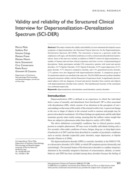 Validity and Reliability of the Structured Clinical Interview for Depersonalization–Derealization Spectrum (SCI-DER)