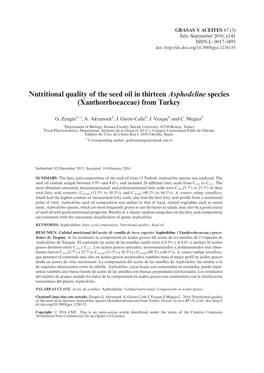 Nutritional Quality of the Seed Oil in Thirteen Asphodeline Species (Xanthorrhoeaceae) from Turkey