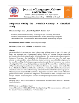 Journal of Languages, Culture and Civilization Volume 2, Issue 3, September 2020, Pages: 199-210 Homepage: Http: Jlcc.Spcrd.Org ISSN(P): 2708-3748