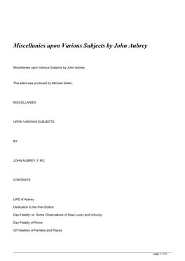 <H1>Miscellanies Upon Various Subjects by John