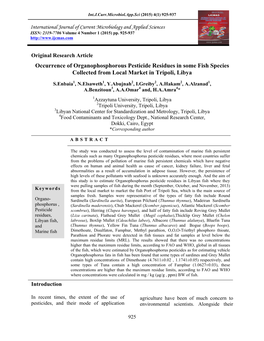 Occurrence of Organophosphorous Pesticide Residues in Some Fish Species Collected from Local Market in Tripoli, Libya