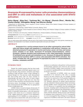 Granzyme M Expressed by Tumor Cells Promotes Chemoresistance and EMT in Vitro and Metastasis in Vivo Associated with STAT3 Activation