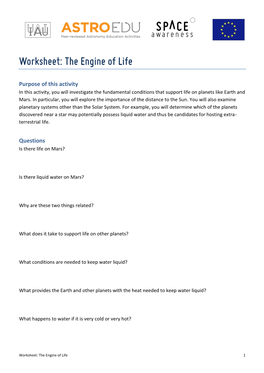 Worksheet: the Engine of Life