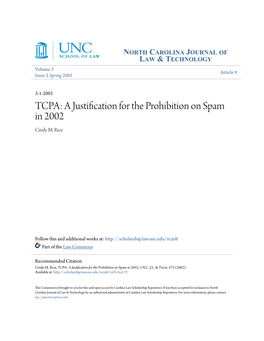 TCPA: a Justification for the Prohibition on Spam in 2002 Cindy M
