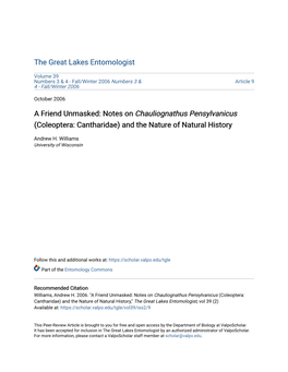 Notes on Chauliognathus Pensylvanicus (Coleoptera: Cantharidae) and the Nature of Natural History