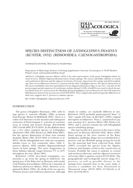 Species Distinctness of Lithoglyphus Prasinus (Küster, 1852) (Rissooidea: Caenogastropoda)