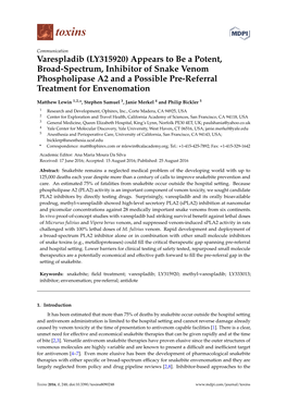 Varespladib (LY315920) Appears to Be a Potent, Broad-Spectrum, Inhibitor of Snake Venom Phospholipase A2 and a Possible Pre-Referral Treatment for Envenomation