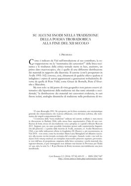 Su Alcuni Snodi Nella Tradizione Della Poesia Trobadorica Alla Fine Del Xii Secolo