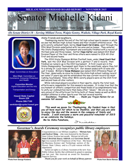 MILILANI NEIGHBORHOOD BOARD REPORT ~ NOVEMBER 2015 Senator Michelle Kidani