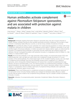 Human Antibodies Activate Complement Against Plasmodium