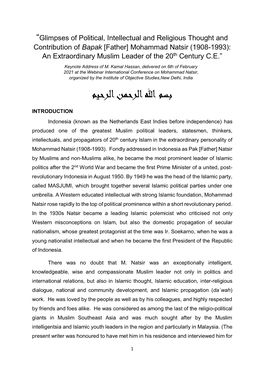 Contribution of Bapak [Father] Mohammad Natsir (1908-1993): an Extraordinary Muslim Leader of the 20Th Century C.E.” Keynote Address of M