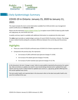 COVID-19 in Ontario: January 15, 2020 to January 11, 2021