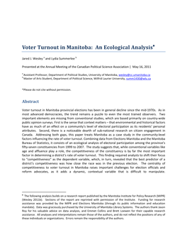 Voter Turnout in Manitoba: an Ecological Analysis♦