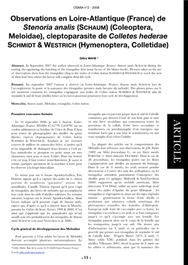 De Stenoria Analis (SCHAUM) (Coleoptera, Meloidae), Cleptoparasite De Colletes Hederae SCHMIDT & WESTRICH (Hymenoptera, Colletidae)