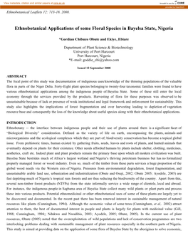 Ethnobotanical Applications of Some Floral Species in Bayelsa State, Nigeria