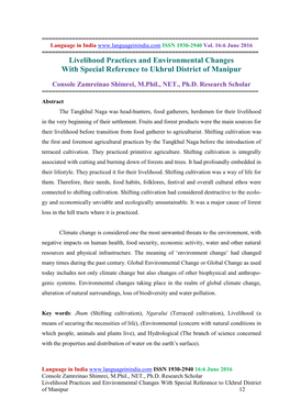 Livelihood Practices and Environmental Changes with Special Reference to Ukhrul District of Manipur