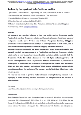 Tool Use by Four Species of Indo-Pacific Sea Urchins Glyn Barrett1,2, Dominic Revell1, Lucy Harding1, Ian Mills1, Axelle Jorcin1, Klaus M