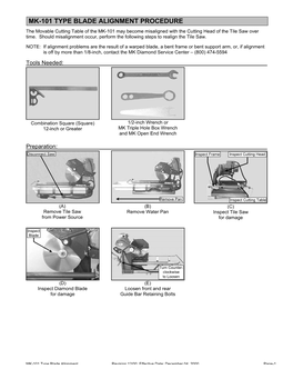 MK-101 TYPE BLADE ALIGNMENT PROCEDURE the Movable Cutting Table of the MK-101 May Become Misaligned with the Cutting Head of the Tile Saw Over Time