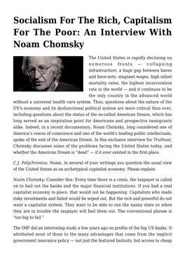 Socialism for the Rich, Capitalism for the Poor: an Interview with Noam Chomsky