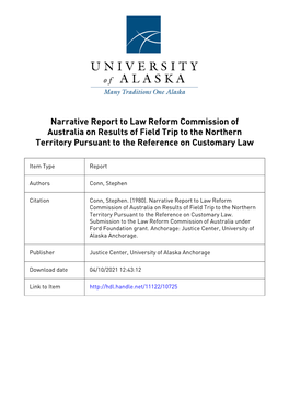 Narrative Report to Law Reform Commission of Australia on Results of Field Trip to the Northern Territory Pursuant to the Reference on Customary Law