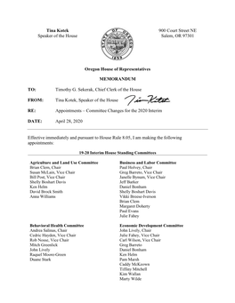 Speaker Appointments – Committee Changes for the 2020 Interim