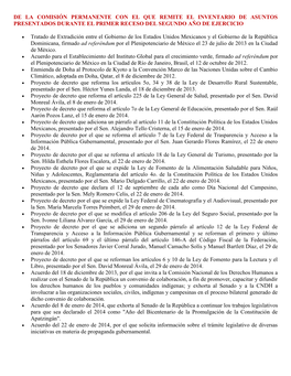 De La Comisión Permanente Con El Que Remite El Inventario De Asuntos Presentados Durante El Primer Receso Del Segundo Año De Ejercicio